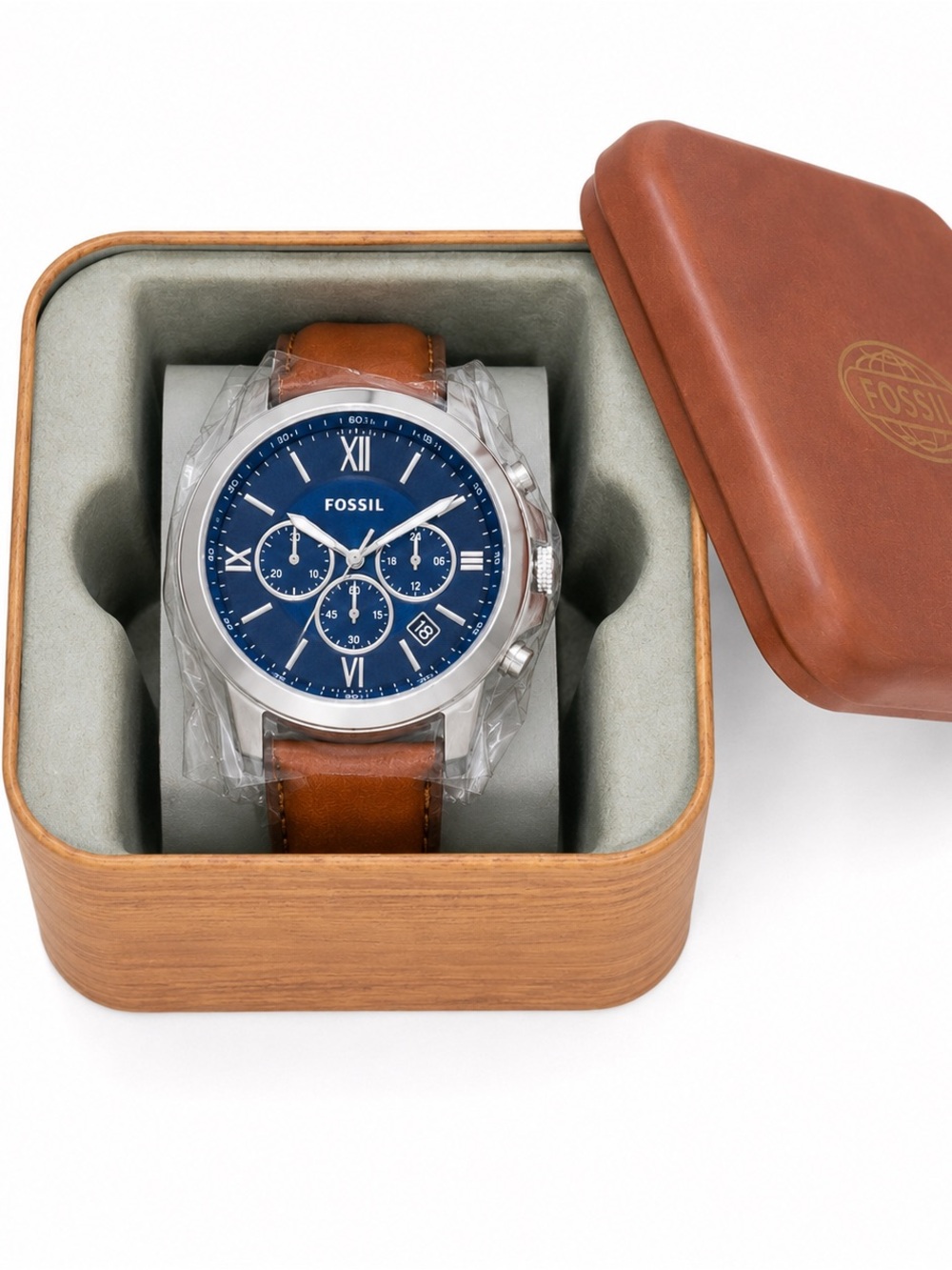 Fossil Grant Chronograph 44mm Navy Blue Dial Brown Leather Watch NEW In Box NIB